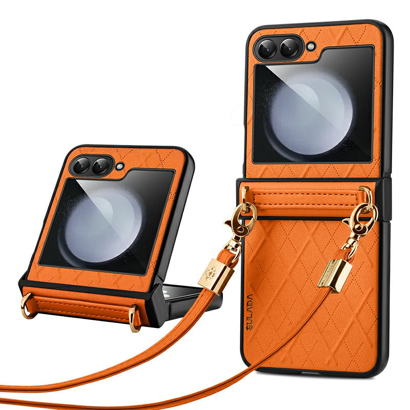SULADA For Samsung Galaxy Z Flip6 5G Case Rhombus Leather+PC Phone Cover with Shoulder Strap - Orange SULADA For Samsung Galaxy Z Flip6 5G Case Rhombus Leather+PC Phone Cover with Shoulder Strap - Orange